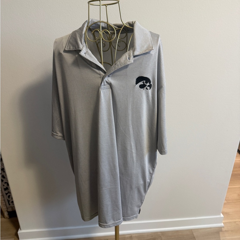 Gray Striped Polo Shirt with Iowa Hawkeyes Logo